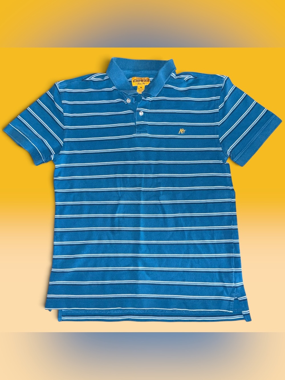 Y2K Aéropostale Men's Striped Short Sleeve Polo Shirt, Size Medium, Blue